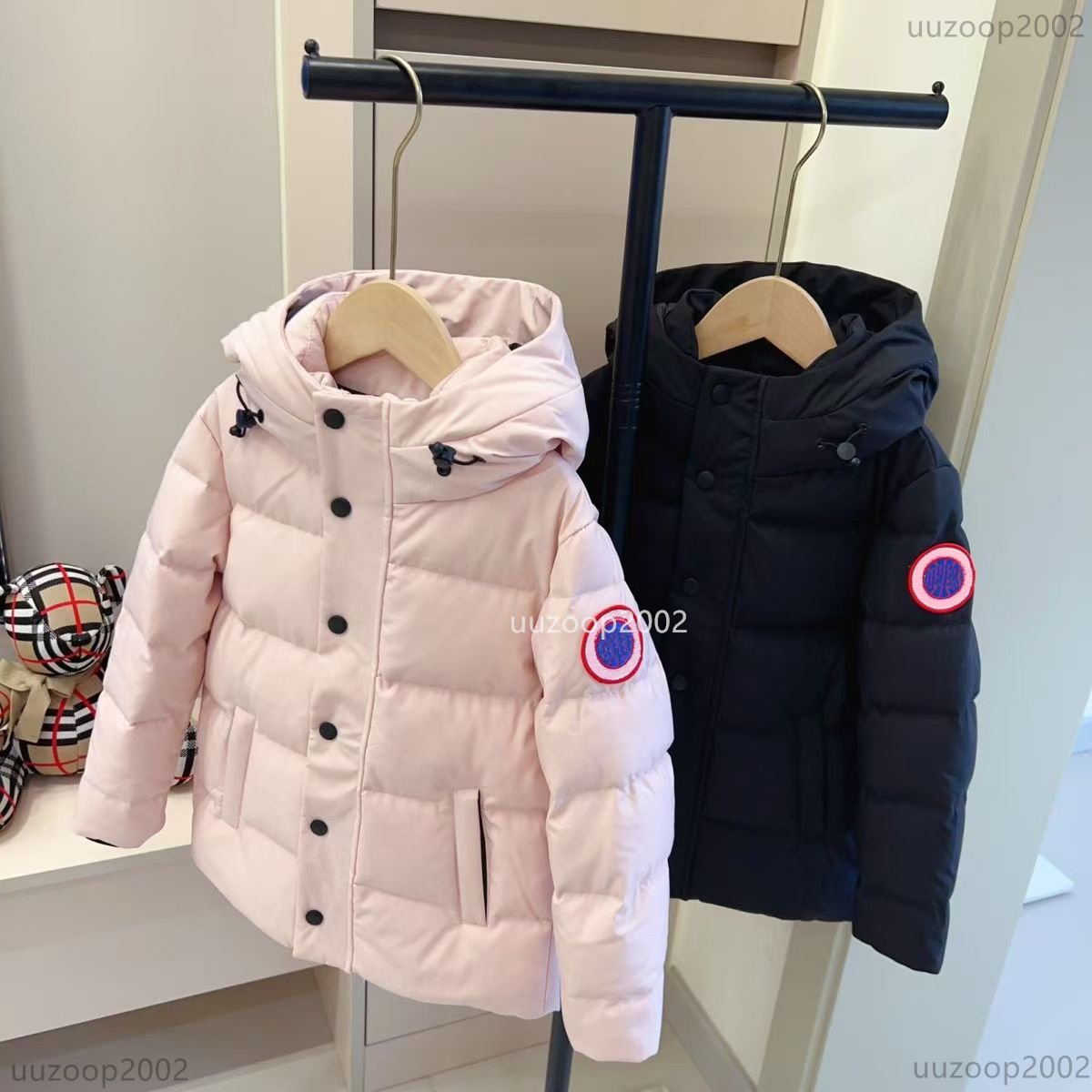 kids designer goose boys girls mid-length Winter warmth down jacket hooded windproof ski jackets unisex style black and pink