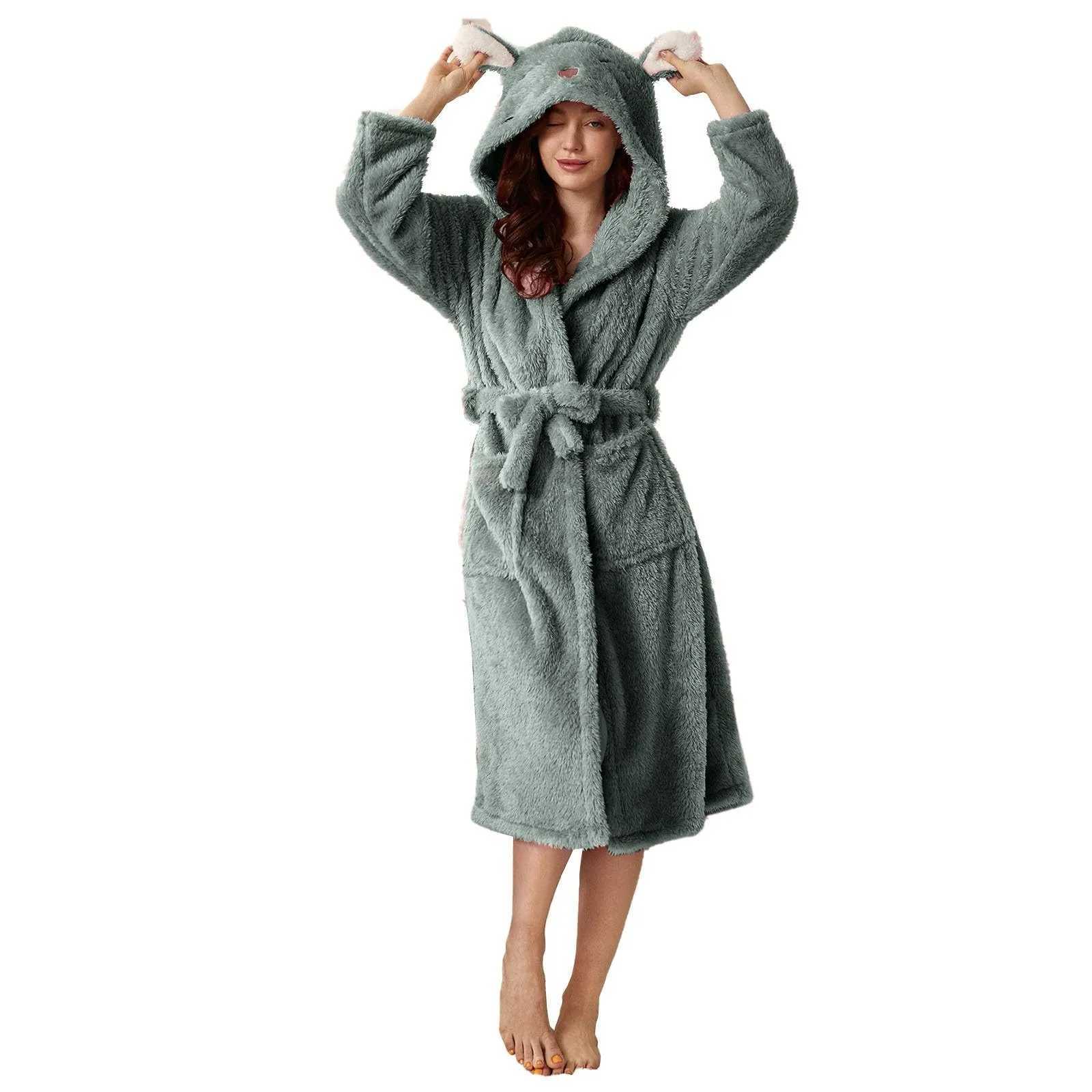 Winter Women Fleece Bath Robe Fluffy Plush Pyjamas Ladies Hooded Earflap Robe Solid Color Gown Warm Bathrobe Female loungewear C251202