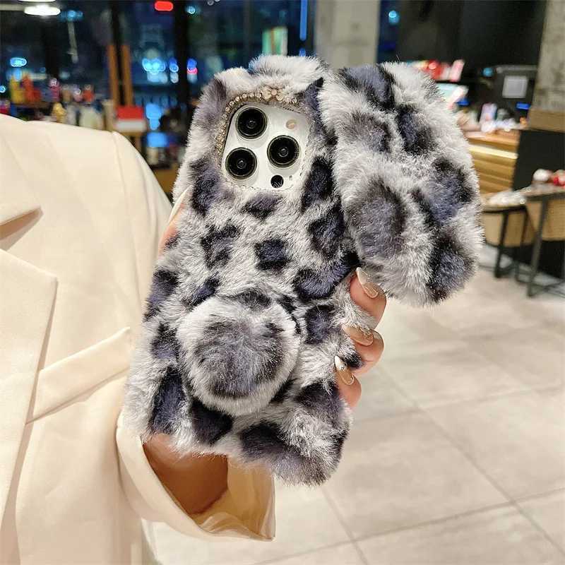 Cute Cartoon Leopard Print Bunny Fur Plush Phone Case For iPhone 17 Air 16 13 12 11 Pro Max XS XR X 7 8 Plus Shockproof Cover J251202