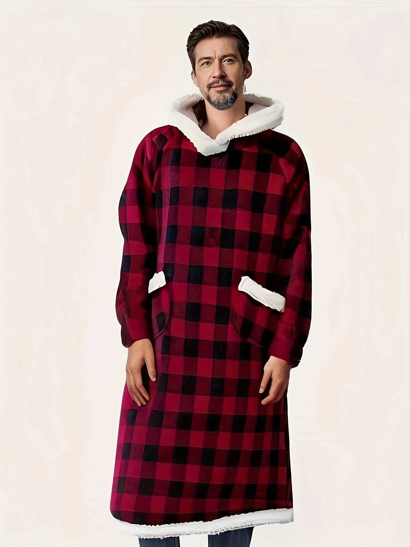 Cozy Mens Flannel Robe - Black Red Plaid Hooded Bathrobe Warm Pajama with Pockets Perfect Comfort Wear C251202