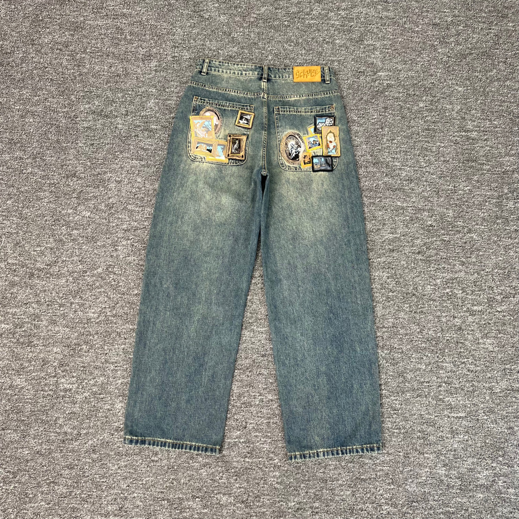 Men's Jeans Derschutze Blossom High Quality Embroidered Luxurious Design Vintage Street Hip Hop Gothic Loose Casual Denim Trousers Couples Baggy 