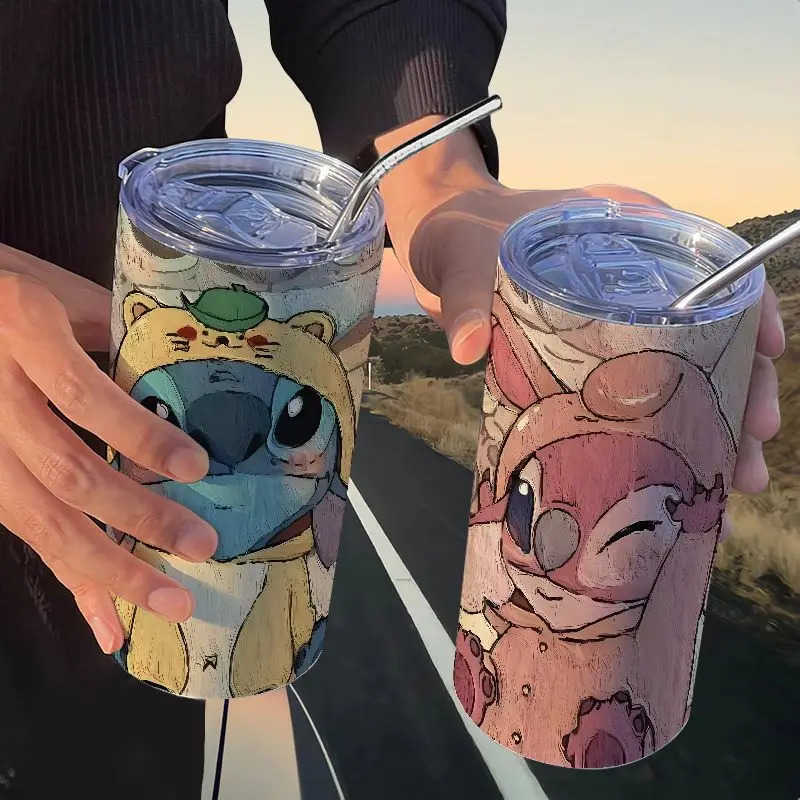 Disney 420Ml Kawaii Cartoon New Style Stitch Thermos Cup with Straw 304 Stainless Steel Portable Coffee Cup Student Water Cup H251203