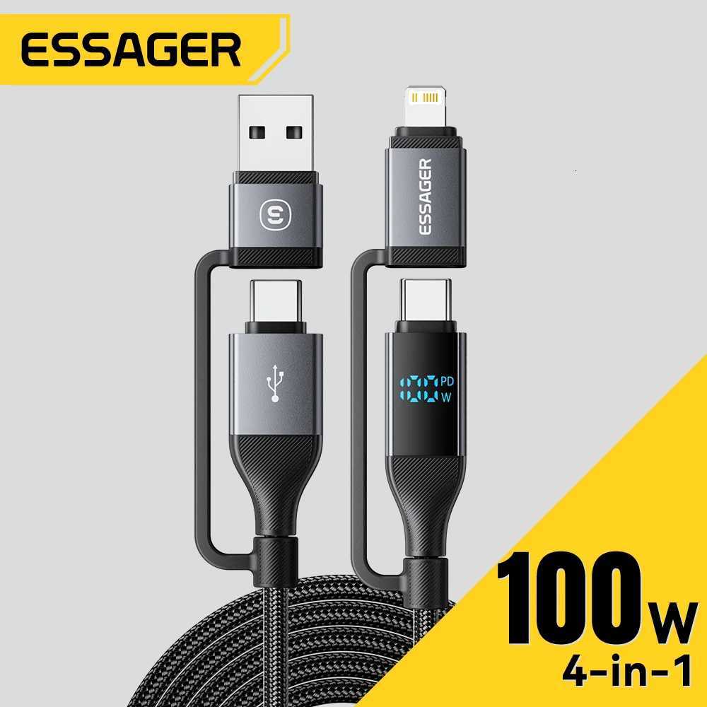 Essager 4 In 1 Digital Display USB Cable Type C 100W PD Fast Charging Wire For iPhone book iPad Type C Lighting Cable C251203