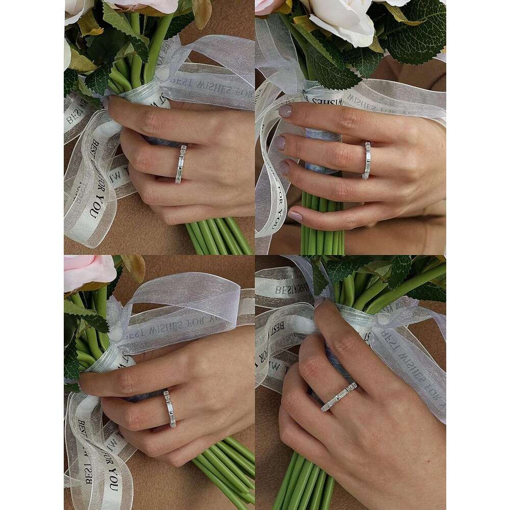 S925 Baguette Eternity Wedding Band Cubic Zirconia Stacking Sterling Silver Ring for Women