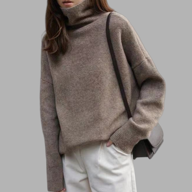 Turtleneck Sweater for Women - Autumn & Winter, Loose Fit, Versatile Knitted Pullover, Lazy Style, Undershirt Top, Coffee Color
