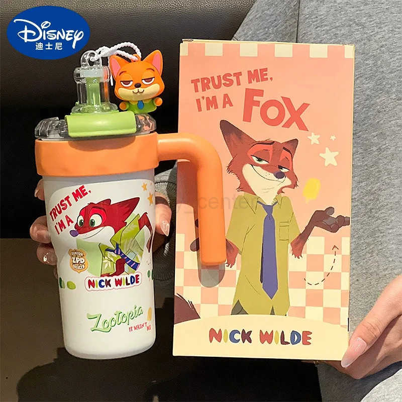 Disney 800ml Water Cup Zootopia Judith Nick Cartoon Anime Printing Accessories Kawaii Office Straw Cup with Handle Holiday Gift H251203