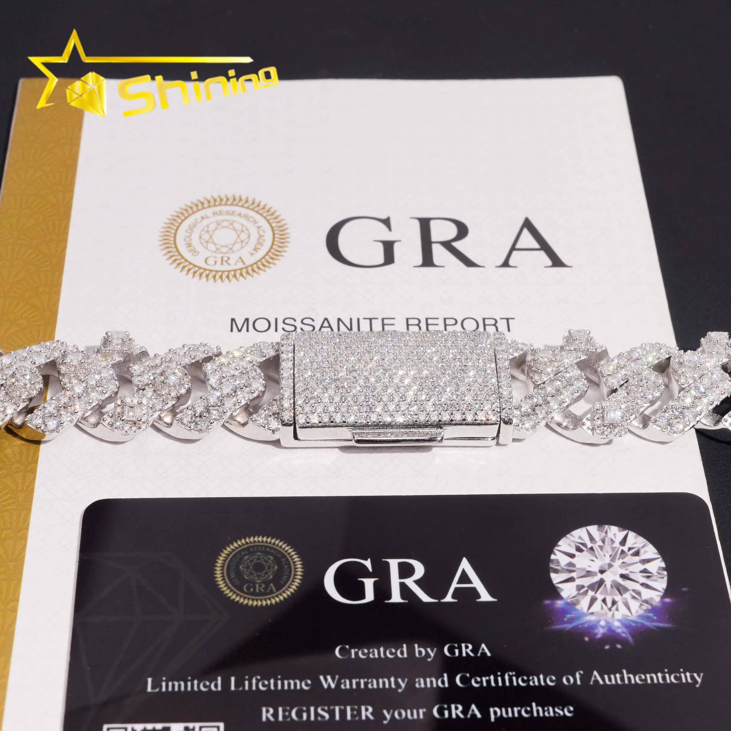 Pass Diamond Tester Men Necklace 925 Sterling Silver Hip Hop Iced Out Emerald Cut Moissanite 18mm 2 Rows Cuban Link Chain