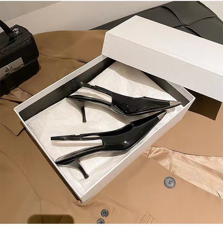 2025 new Women's pointed-toe high heels black patent leather sandals women's single shoes stiletto heels