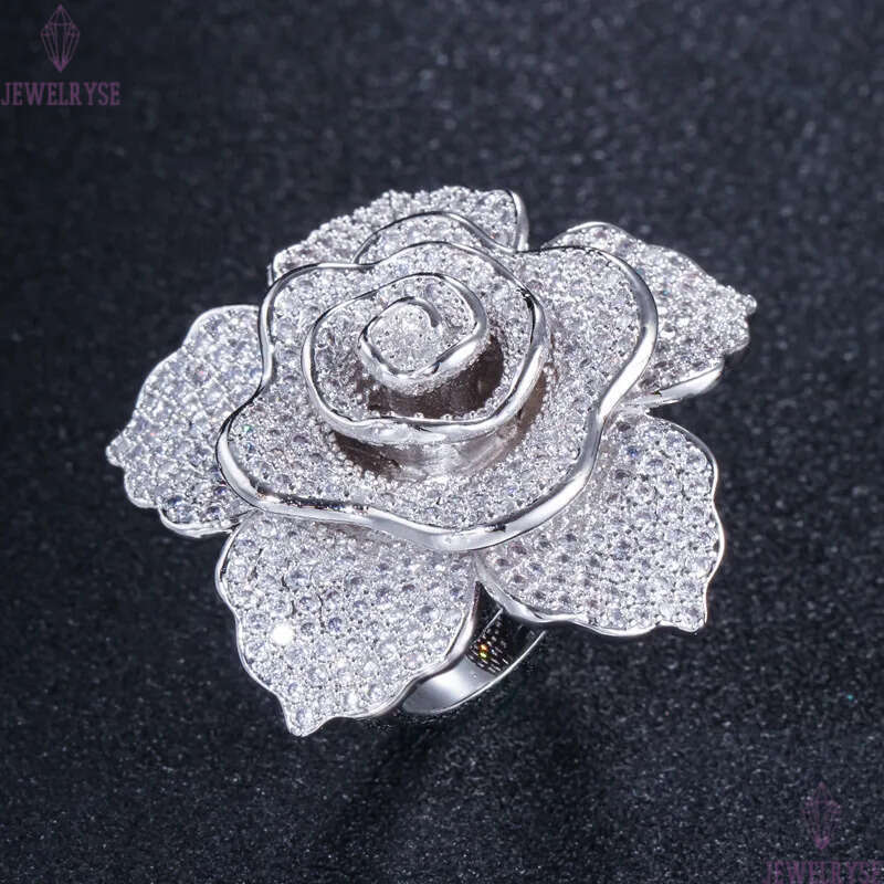 luxury copper 18k gold designer ring for woman rose flower AAA cubic zirconia jewelry womens party mexican silver white CZ wedding bride engagement ri