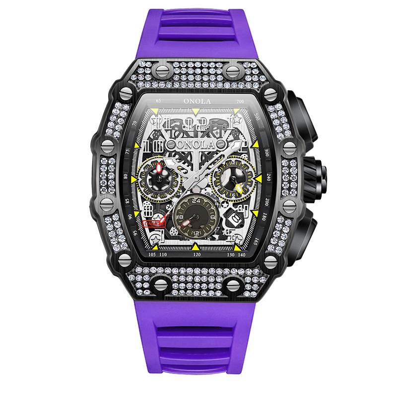 ONOLA Men's Skeleton Diamond Watch 43mm Luminous Rose Gold Diamond Dial Black Silicone Strap Cool Crown 50M Waterproof Quartz