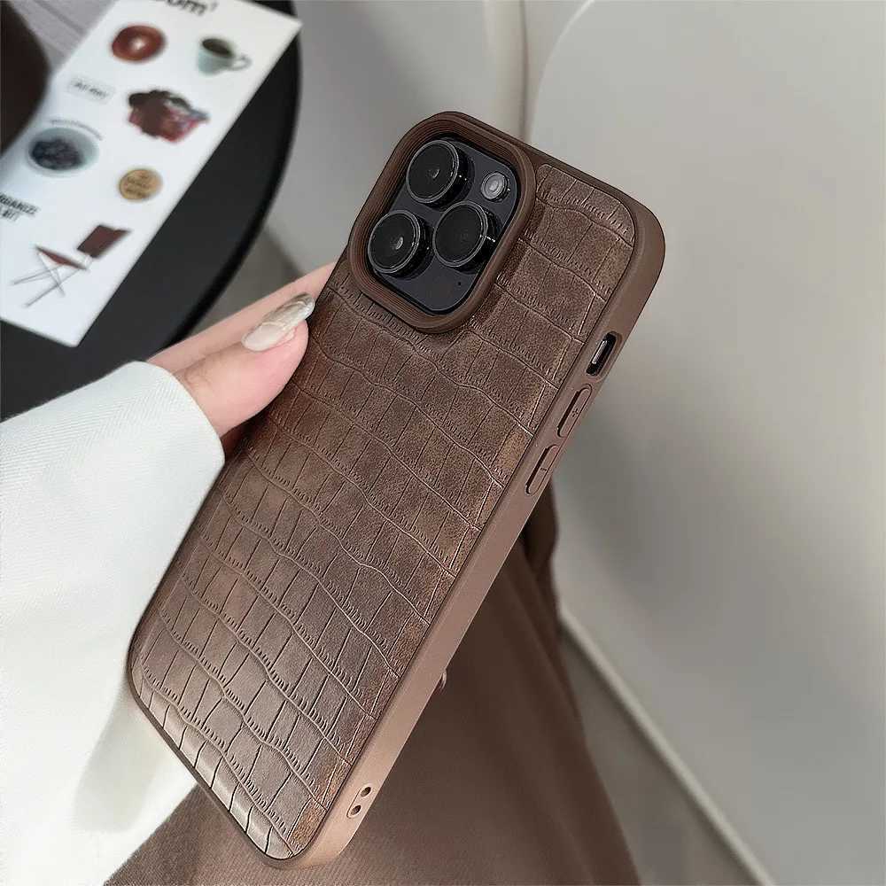 Stylish Vintage Brown Alligator Texture Cover Case for iphone 12 13 14 15 16 17 Pro Max Plus Earth Tone Faux Leather Phone Case Z251203