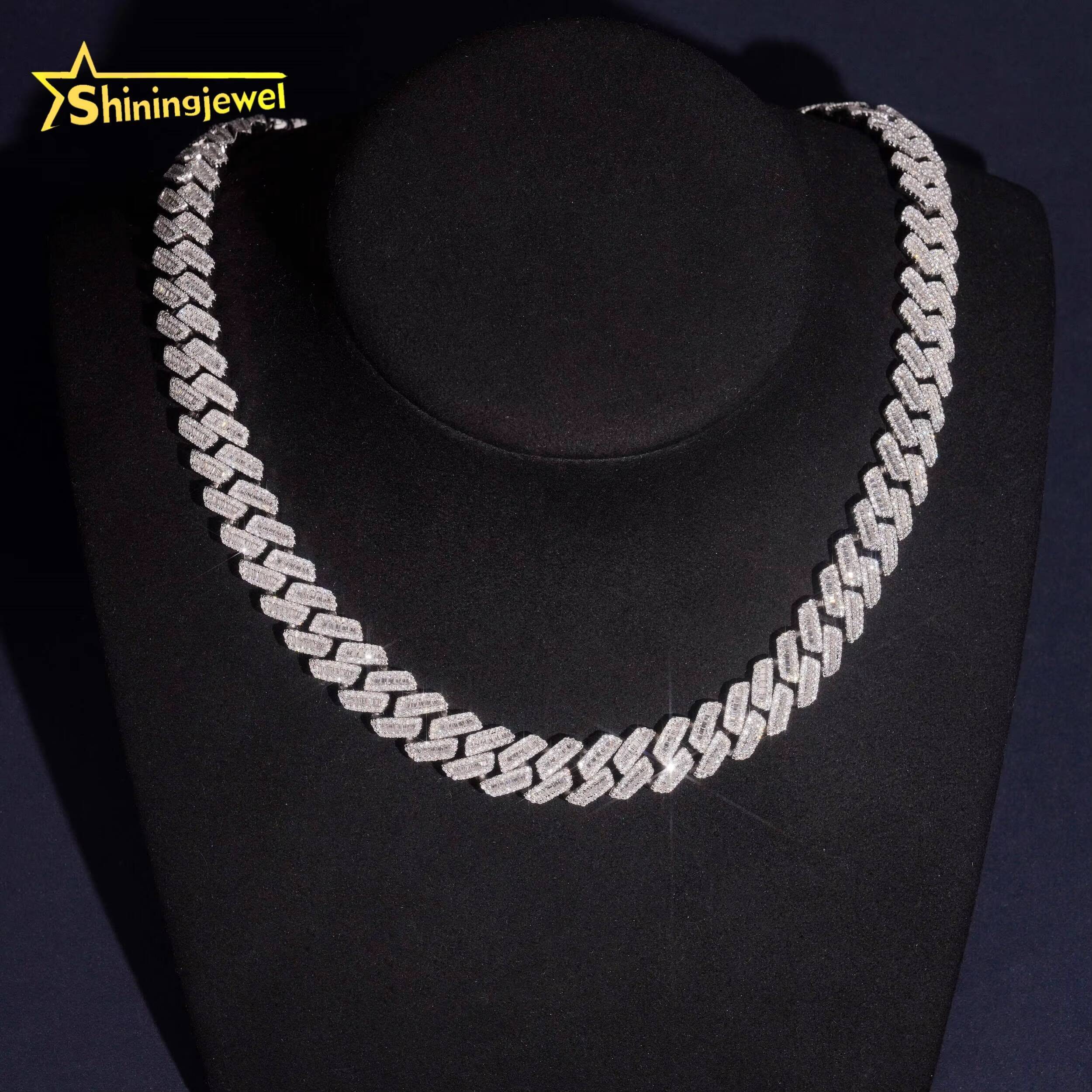High Quality Iced Out 925 Silver 12mm Baguette Diamond Custom Hip Hop Necklace Cuban Link Chain