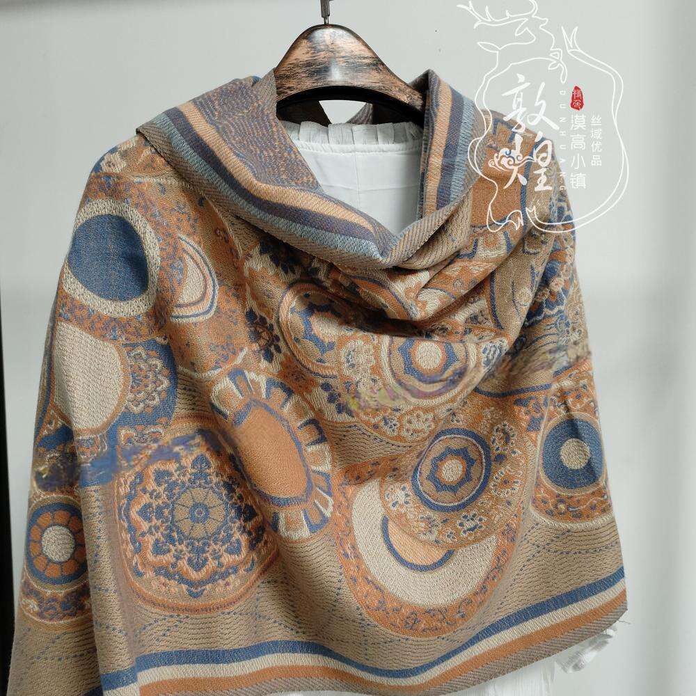 DHcollections Dunhuang Cave Art Chenille Shawl Nine Color Deer Lotus Flying Apsaras Reversible Scarf Wrap 70x180cm