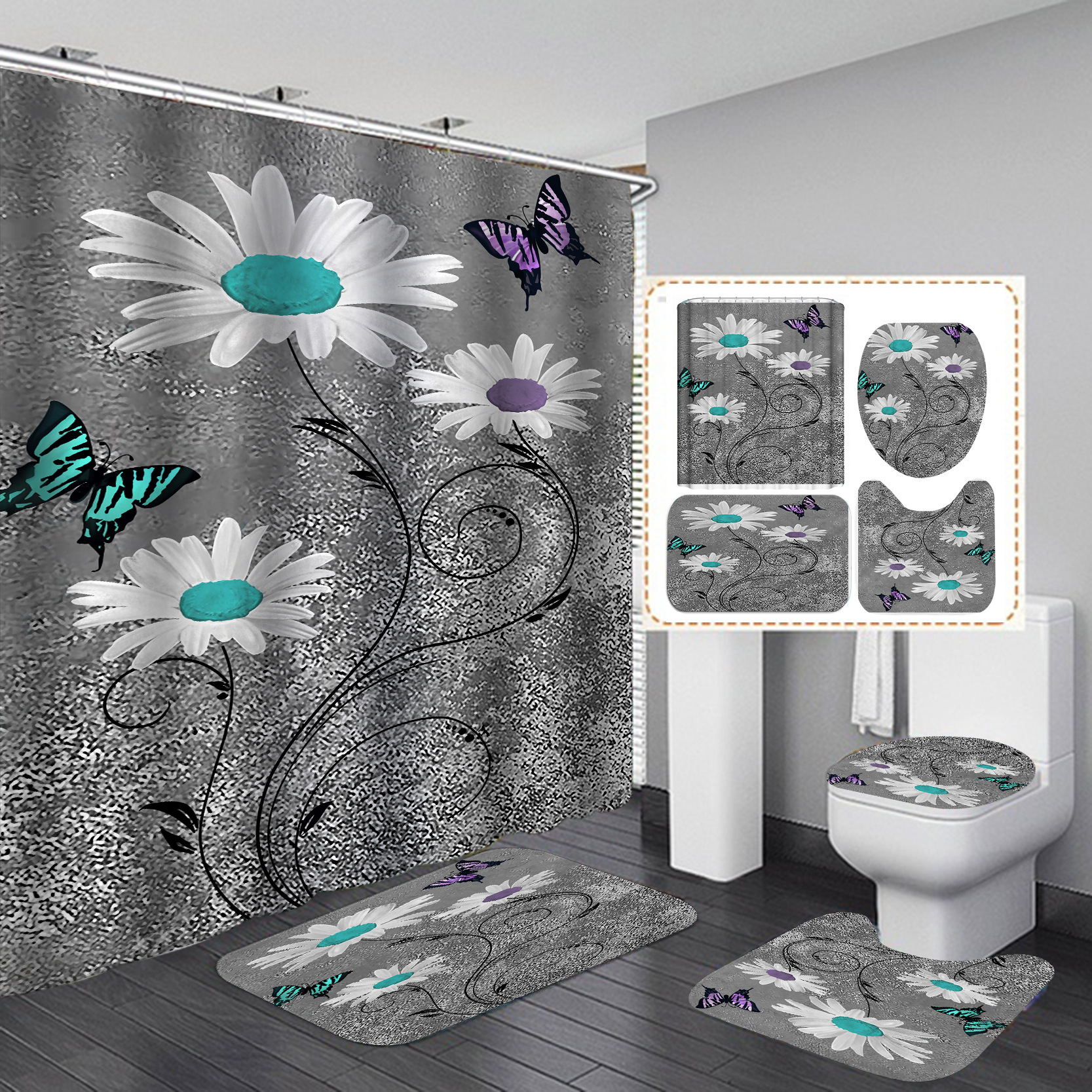 YL-37881 Eco-friendly Shower Curtain with Heat Transfer Printing, Waterproof, Comes with Hooks, Wholesale Available.