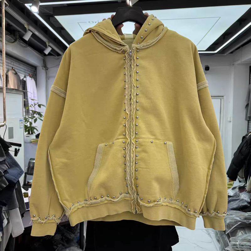 Retro washed distressed rivet decoration Hooded Men Women High Quality Vintage Oversized Hooded Pullover