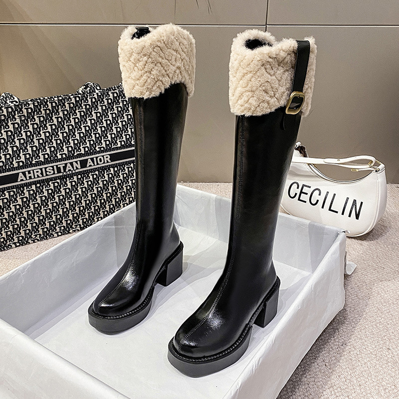 Womens knee high for fur zipper platform boots plush edge womens shoes