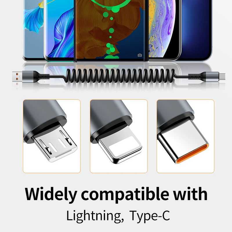 90 Degree USB a Spring Cable to Type-C/Lightning Charging Cable and Data Transfer for Cell Phone Car with Carplay C251203
