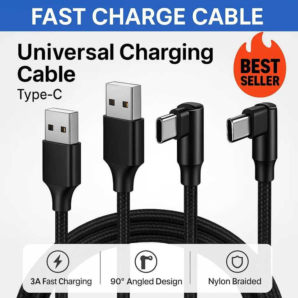 OUIO 2-Pack 66ft Right Angle Braided USB-C Charging Cable Durable Fast Charger for Phones Tablets C251203