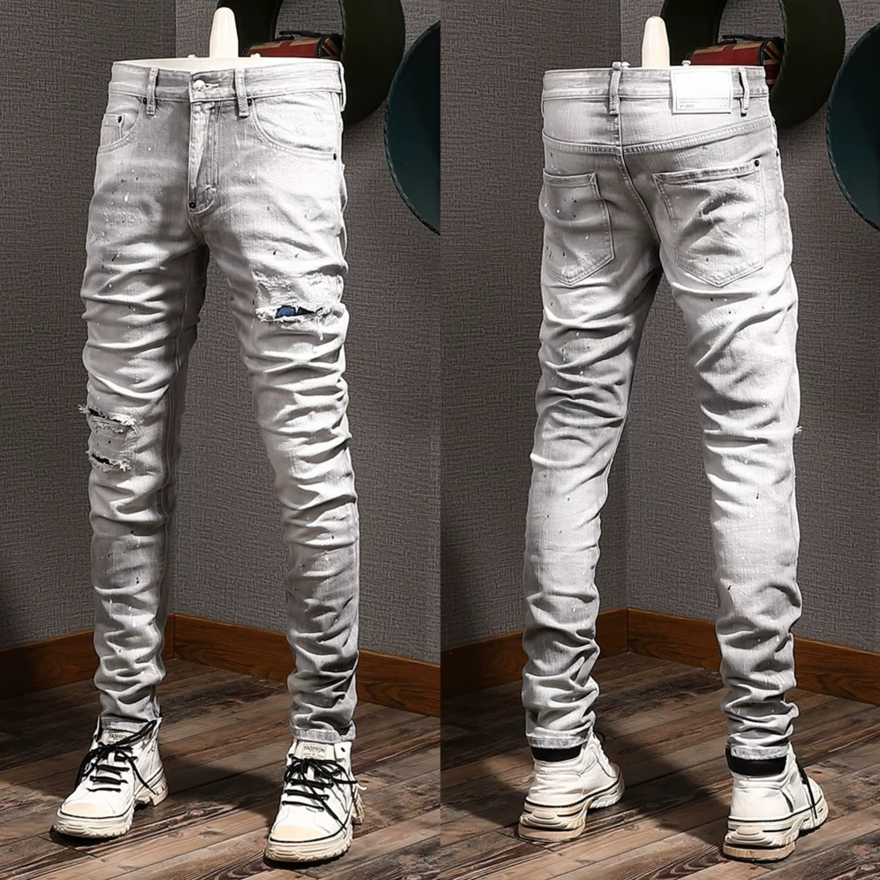 Gray Jeans Patchwork Distressed Whisker-Washed Slim Fit For Men's