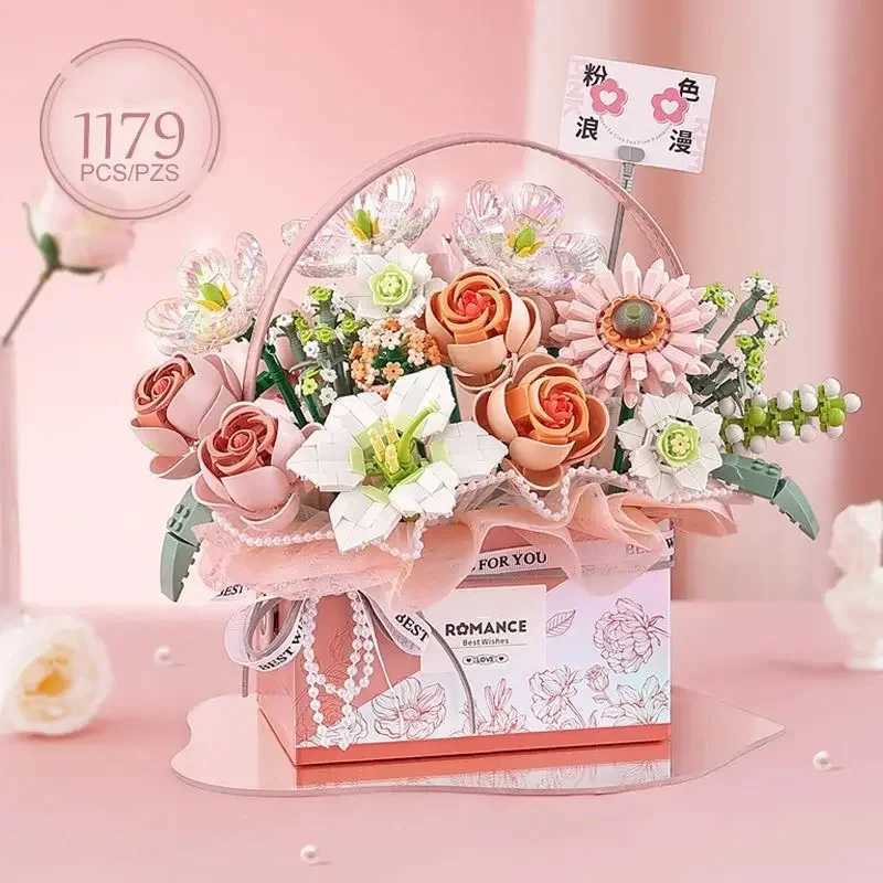 Creative Rose Basket Bouquet Building Blocks Portable Flower Bouquet Gift Box Series Model Bricks Girls Gifts Kids Toys C251203