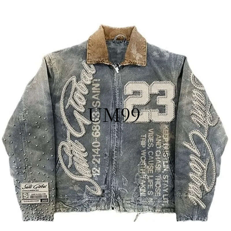 Streetwear Washed Denim Jacket Y2K Clothes Mens Hip Hop Letter Graphic Patch Embroidery Blue Oversized Casual Coat 250729