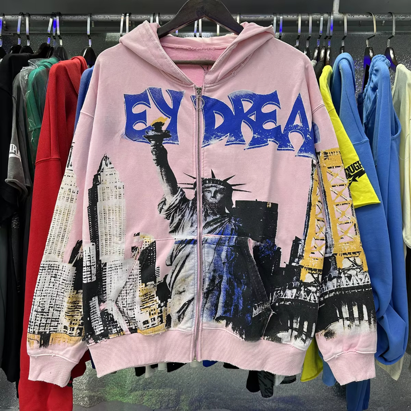 Print Washed Zipper Hooded Hoodie for Men And Women Streetwear Cardigan Cotton Baggy Sweatshirt Jacket