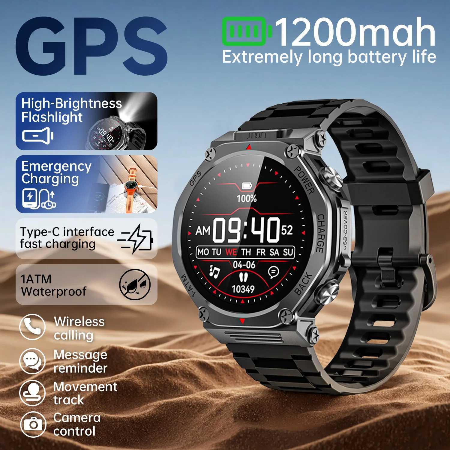 Smart Watch GPS Waterproof Flashlight Type-C Dual-way Charging 1200mAh Large Battery Capacity Men Wen Smartwatch For C251203