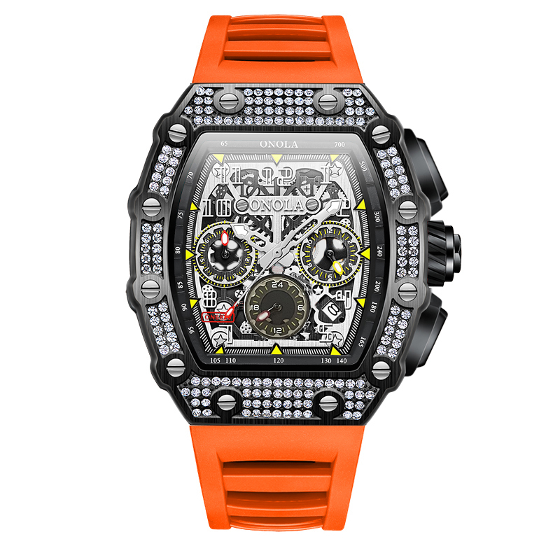 ONOLA Men's Skeleton Diamond Watch 43mm Luminous Rose Gold Diamond Dial Black Silicone Strap Cool Crown 50M Waterproof Quartz