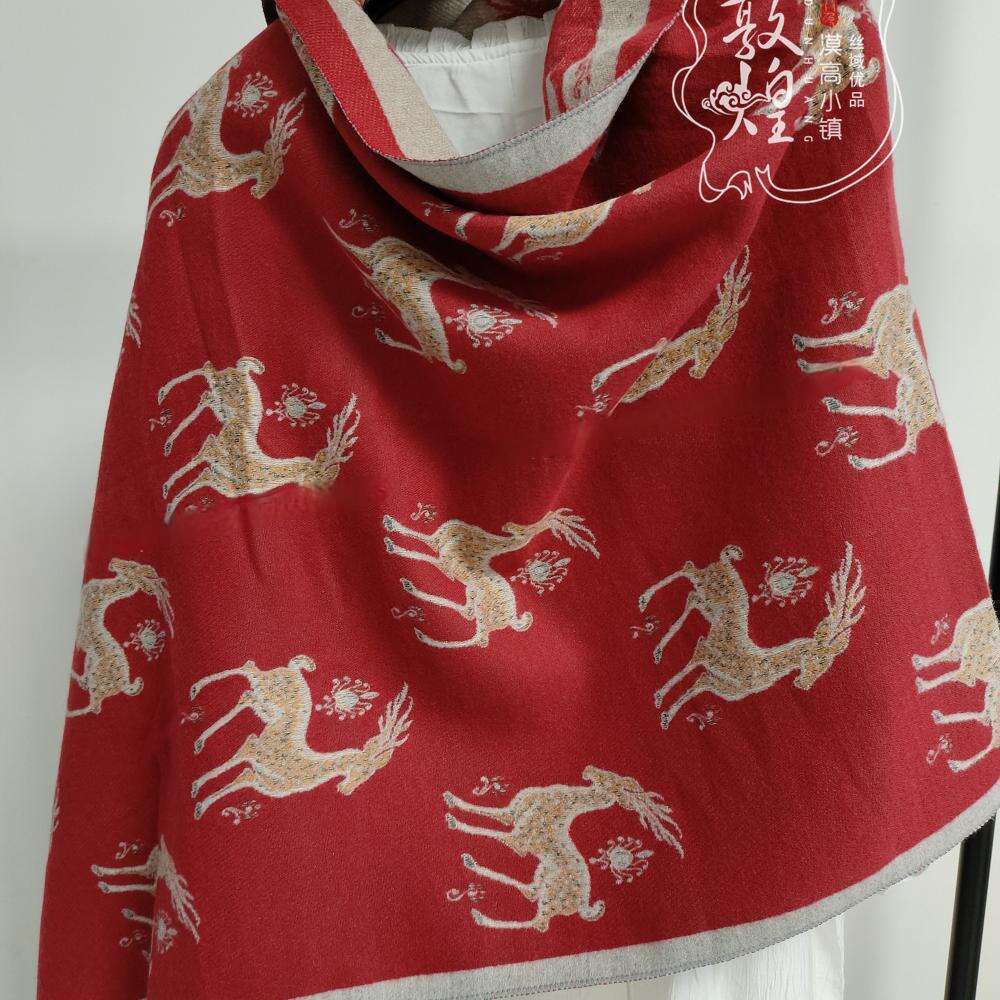 DHcollections Dunhuang Cave Art Chenille Shawl Nine Color Deer Lotus Flying Apsaras Reversible Scarf Wrap 70x180cm