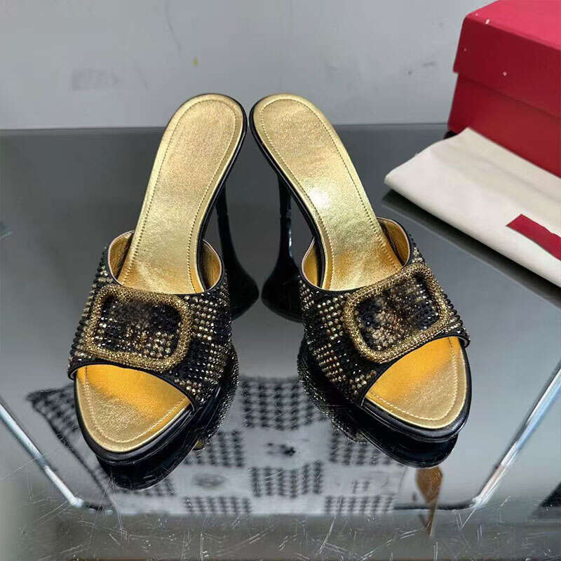 Designer slides flash rhinestone Open Toes Stiletto Heel Slippers Ladies' luxury sandals Fashion Formal Events Party Evening shoes 34-42 8cm with bag