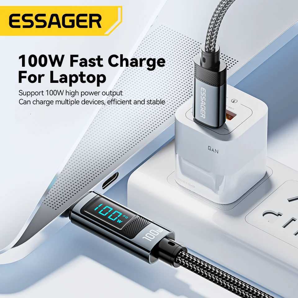 Essager 100W USB Type C Cable 90 LED Digital Display Cable 5A PD Fast Charging For iPhone 16 15 Book C251203