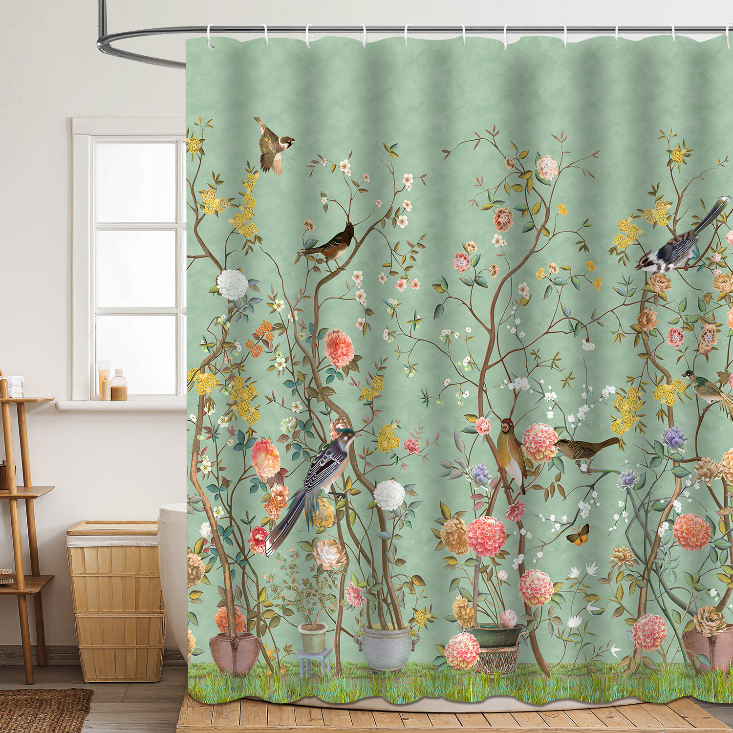 YL-37872 High-definition digital printed floral and bird shower curtain, waterproof, moisture-proof, no-drill bathroom partition curtain