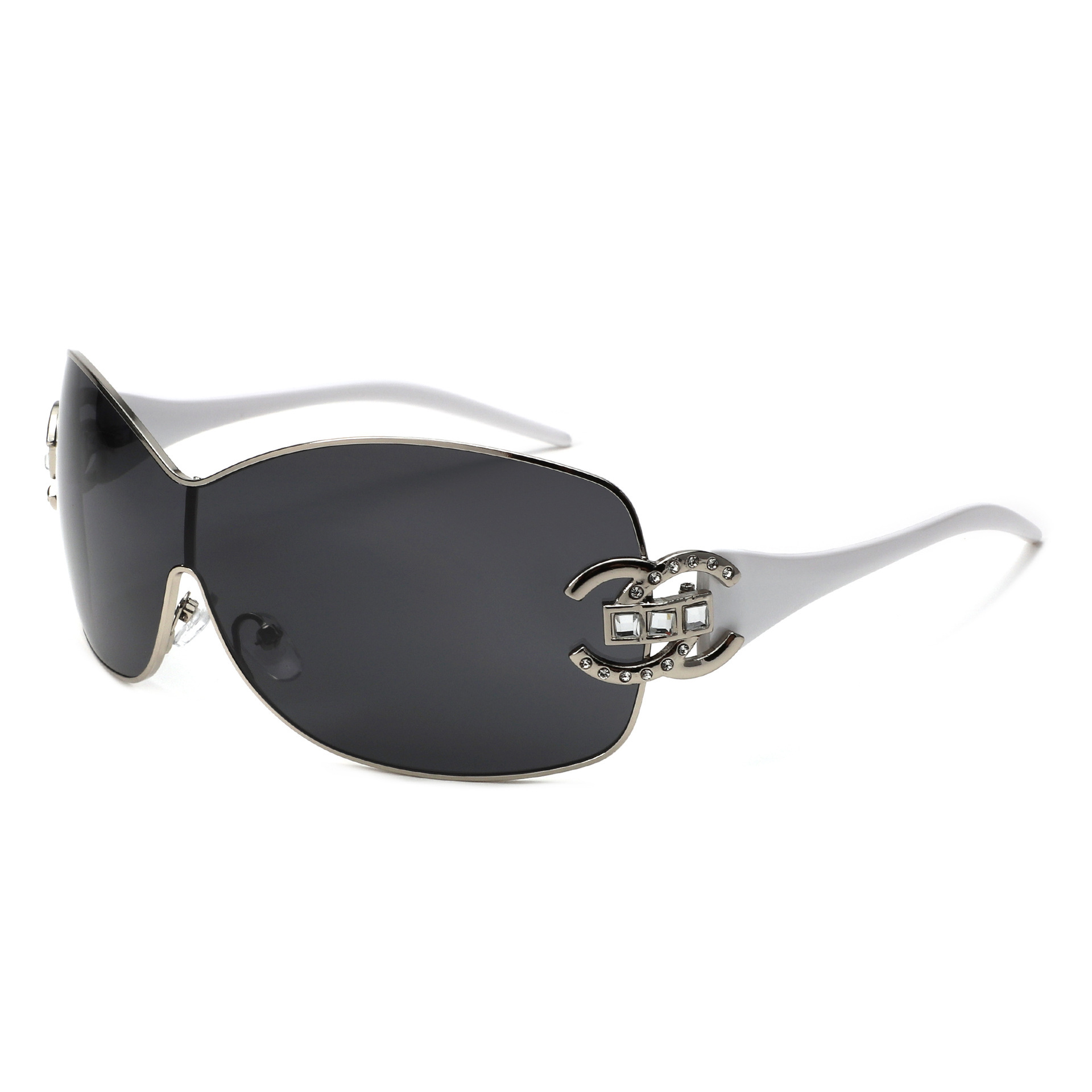 New European-American Style Double C Diamond-Studded Sunglasses for Women Metal One-Piece Frame Fashionable Trendy UV Protection Sunglasses