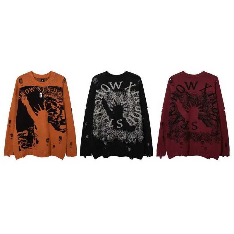 American Hole Torn Pullover Liberty Oneck Grunge Sweater for Mens Highend Loose Long Sleeved Couples Knitted Sweater Spring J251203