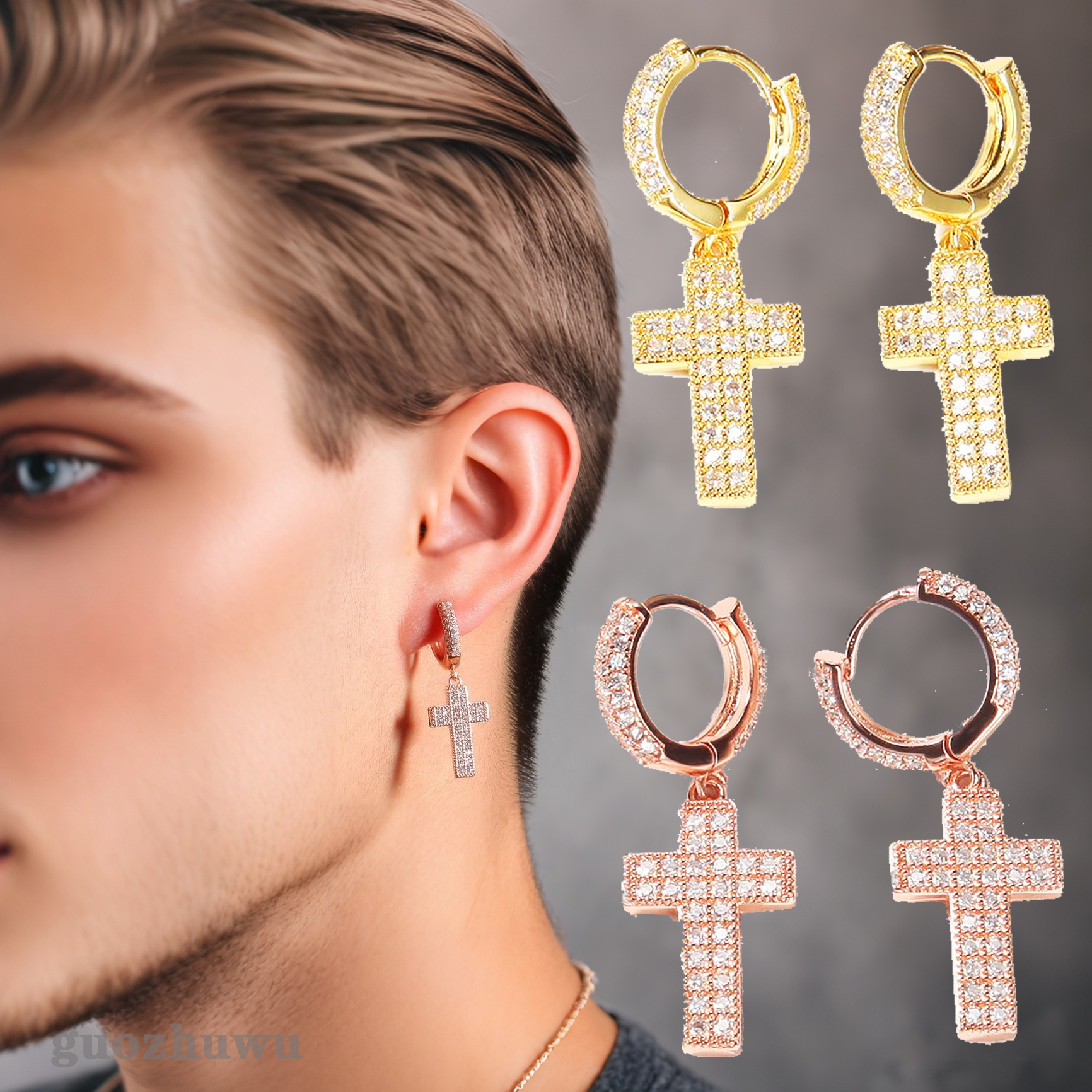 Hip Hop 14k Gold Shiny Cubic Zircon Cross Dangle Huggie Hoop Earrings Fine Quality Full Iced Out Cz Stones Jewelry Accessories Earring Pendientes Cuoz