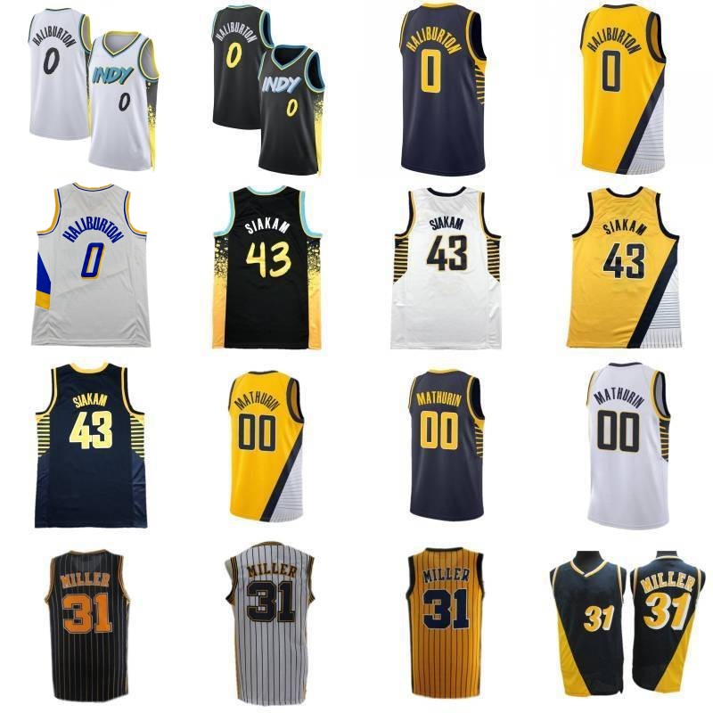 0 Tyrese Haliburton 43 Pascal Siakam 00 Bennedict Mathurin City Basketball Jerseys Mens 31 Reggie Miller Blue Yellow White Retro Shirt
