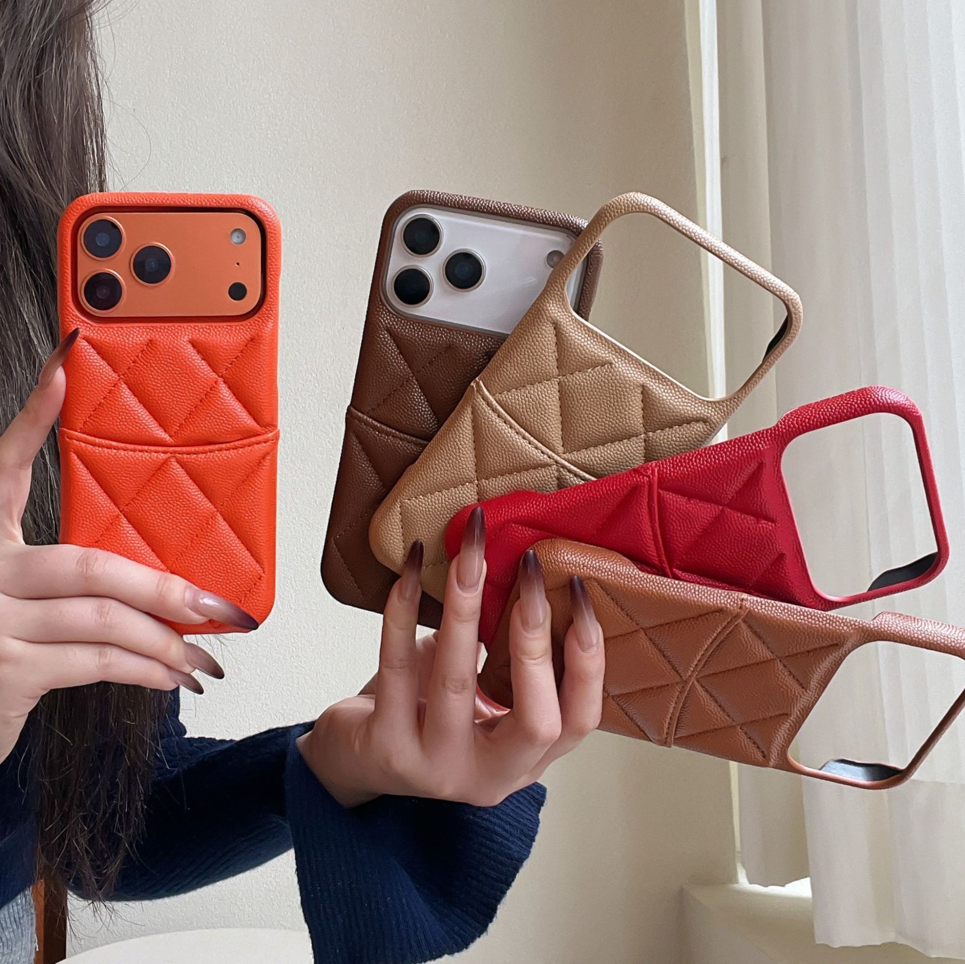 Lychee Pattern Leather Phone Case iPhone 17 Pro Max Style Quilted Luxury Apple 16/15/14 Pro Goddess