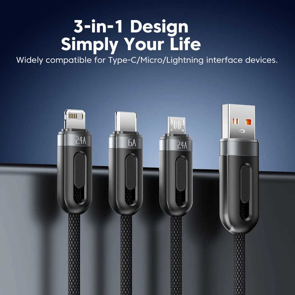Toocki 3 in 1 USB Cable to iP Type C Micro Cable 66W Digital Display Fast Charging USB C Charger Wire for iPhone14 13 12 C251203