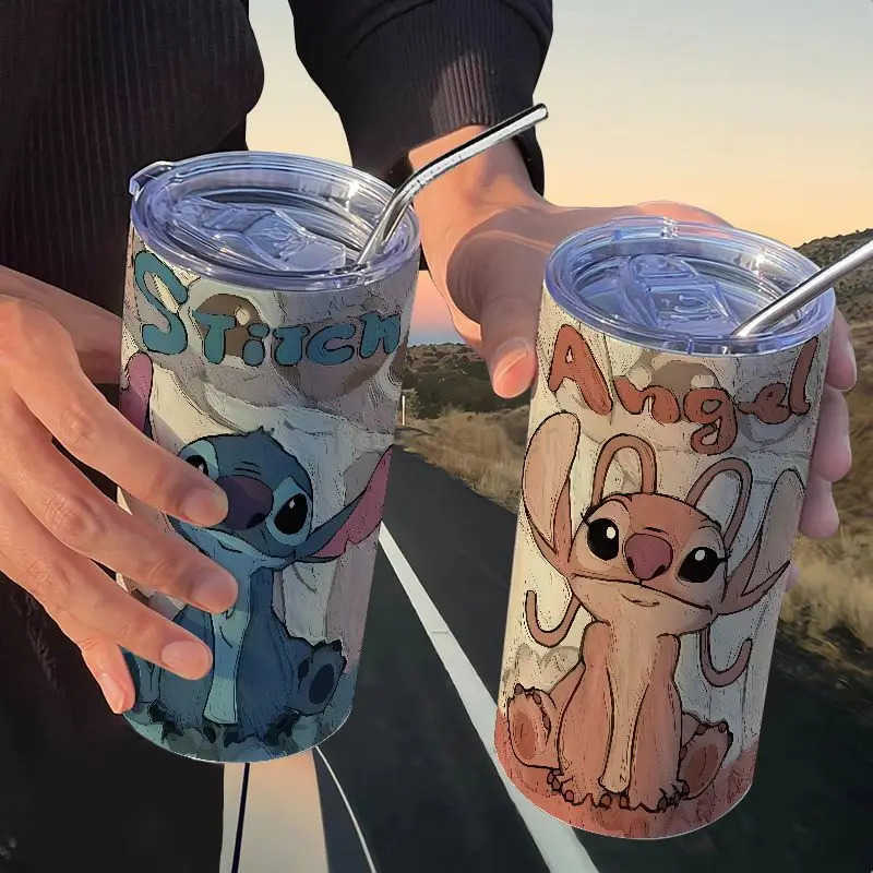 Disney 420Ml Kawaii Cartoon New Style Stitch Thermos Cup with Straw 304 Stainless Steel Portable Coffee Cup Student Water Cup H251203