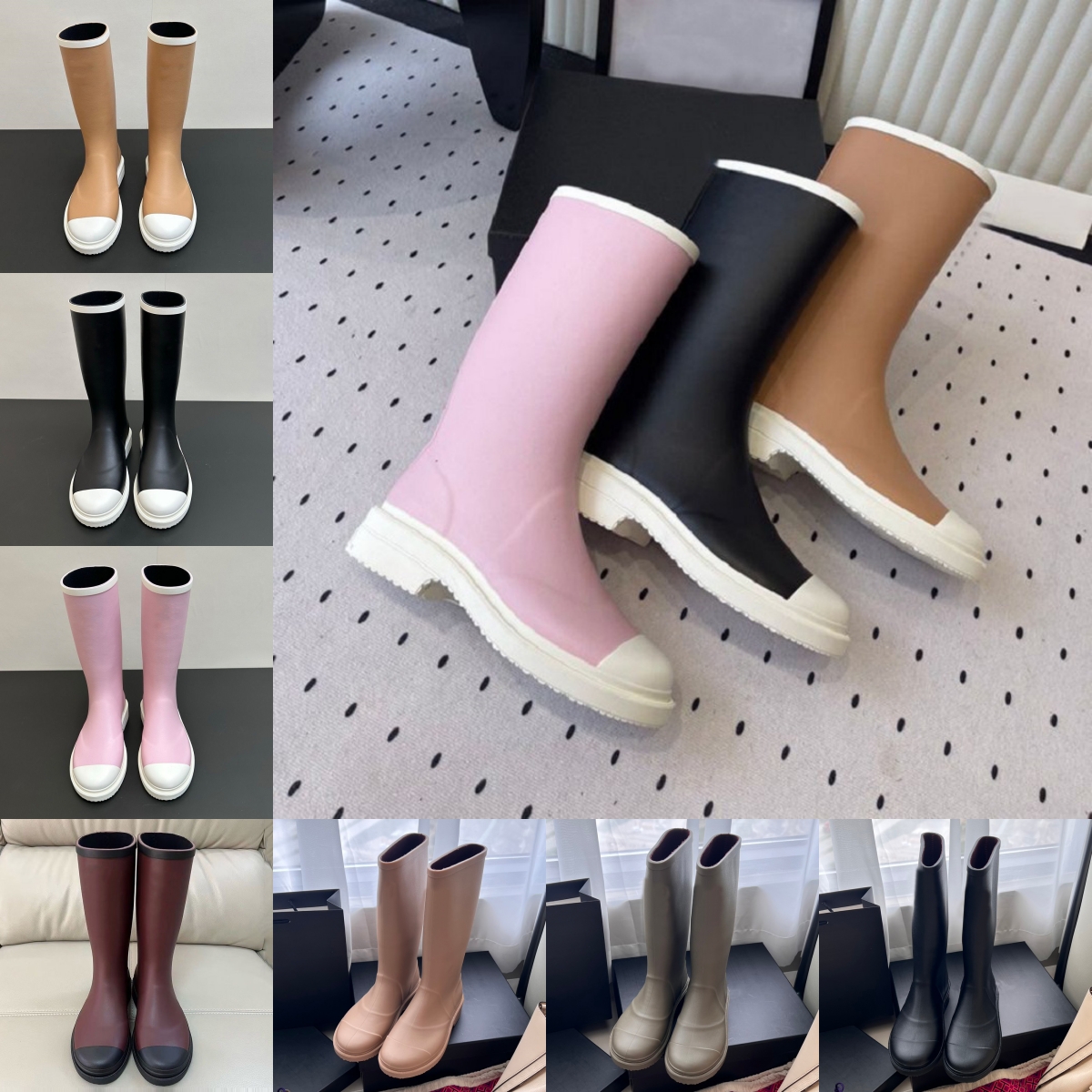 Women Rain Boots Top Brand Designer Bottes Square Toe Black White Olive Beige Rainboots Lady Thick Heel Sole Rubber Winter Waterproof Casual Platform Shoes Booties