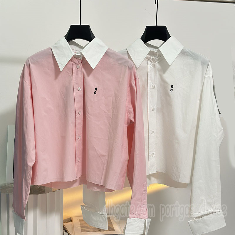 Pink Crop Cotton Blouse Shirt For Women Designer Long Sleeve Tops Spring Summer Elegant y2k Style Shirts