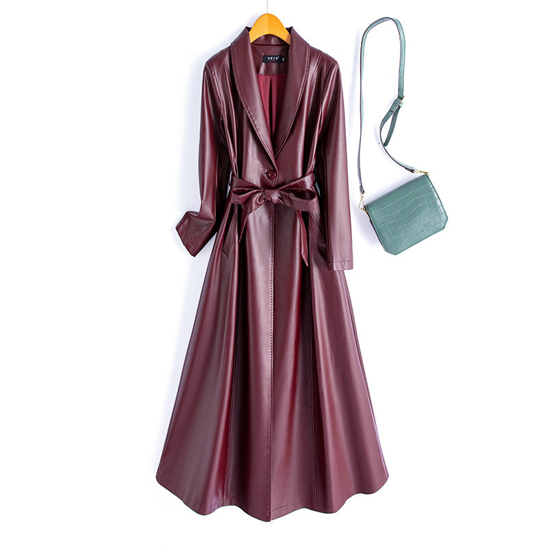 2024 Kafuland Autumn Winter New Korean Style Leather Trench Coat Women PU Leather Jacket Long Slim Fit Leather Coat Plus Size 817 241122