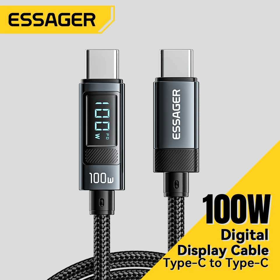 Essager 100W USB Type C Cable 90 LED Digital Display Cable 5A PD Fast Charging For iPhone 16 15 Book C251203