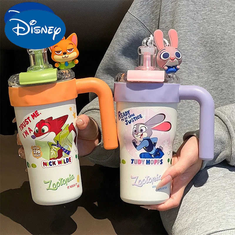 Disney 800ml Water Cup Zootopia Judith Nick Cartoon Anime Printing Accessories Kawaii Office Straw Cup with Handle Holiday Gift H251203