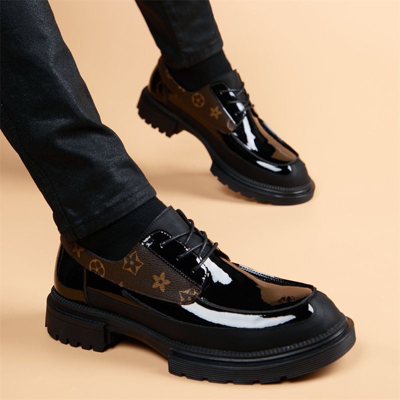 2025 New Style with Patterns Business Casual Men's Leather Shoes British and Korean Style Casual Lace-up Inner Heightening Men's Shoes