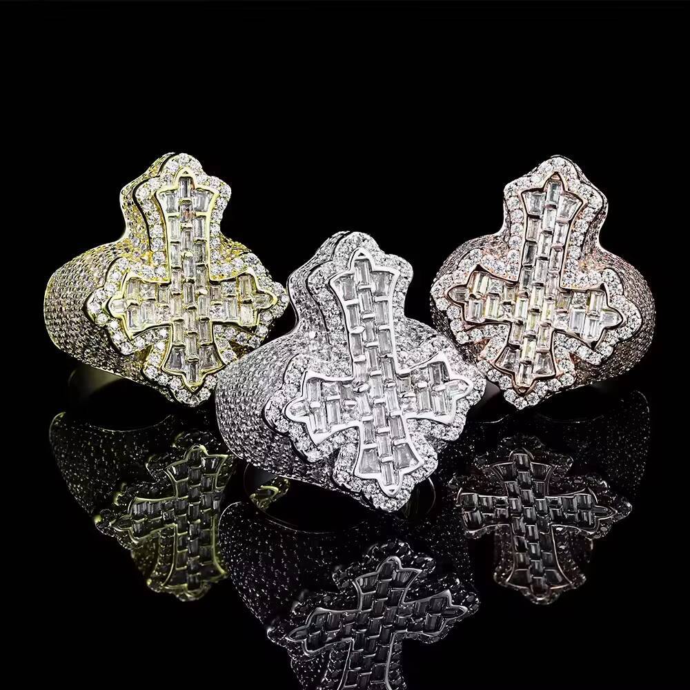 Wholesale Hip Hop Style Men Jesus 925 Sterling Silver Ice Out Baguette Cross Moissanite Ring