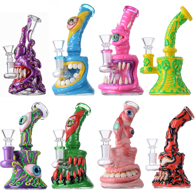 3D Halloween Style Hookahs Unique Heady Glass Bongs Showerhead Perc Octopus Eye Teeth Oil Rigs 5mm Thick Small Mini Water Pipes With Bowl