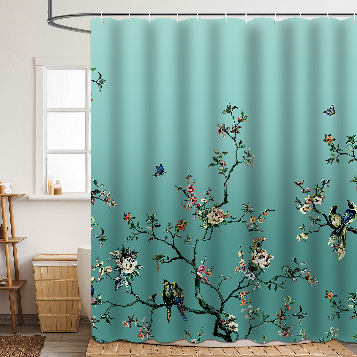 YL-37867 High-definition digital printed floral and bird shower curtain, waterproof, moisture-proof, no-drill bathroom partition curtain