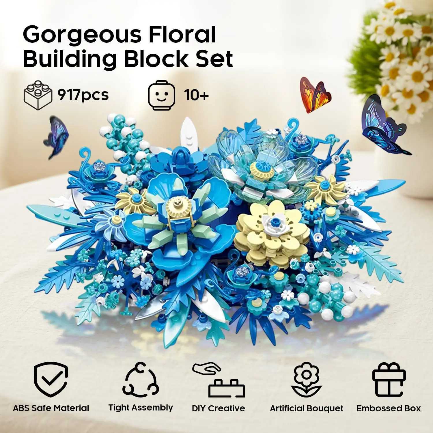 917PCS Preserved Flower Bouquet Building Blocks Fantasy Blue Flowers Assembly Model Bricks Toy Creative He Decor Children Gift C251203