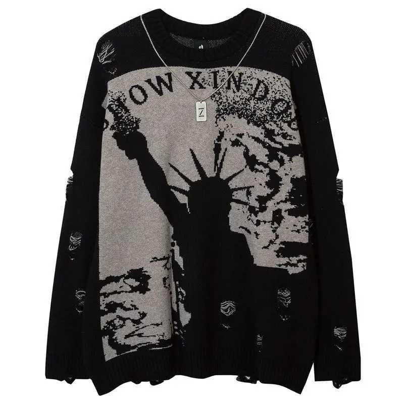 American Hole Torn Pullover Liberty Oneck Grunge Sweater for Mens Highend Loose Long Sleeved Couples Knitted Sweater Spring J251203